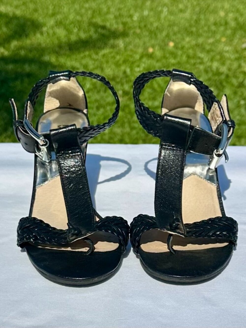 MICHAEL Michael Kors Juniper T-Strap Leather Braided Dressy Sandal Black 7 NWB